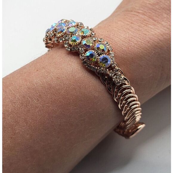Monet Fexible Rhinestone Gold AB Crystal Bracelet 2in to 3.25in diameter - Picture 4 of 7